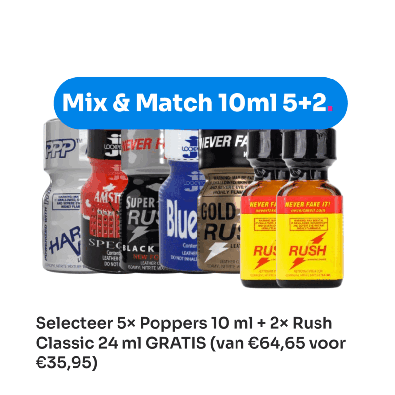 Selecteer 5× Poppers 10 ml + 2× Rush Classic 24 ml GRATIS (van €64,65 voor €35,95) Selecteer 5× Poppers 10 ml + 2× Rush Classic 24 ml GRATIS (van €64,65 voor €35,95)